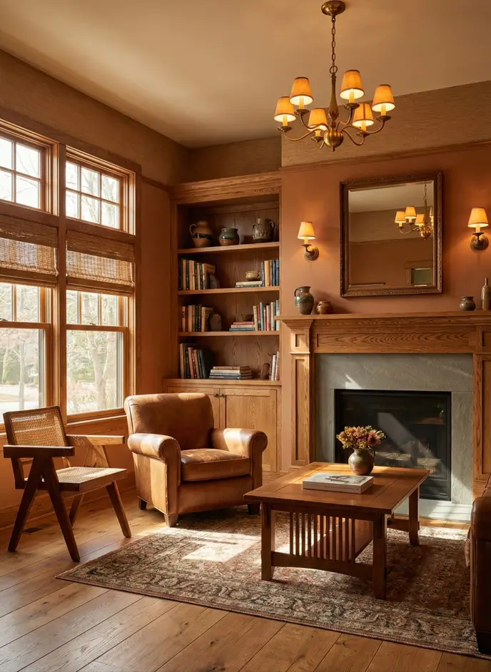 26 Craftsman Home Interior Ideas for Timeless Charm and Modern Living 14 Warm Craftsman Living Craftsman home interior living room with deep terracotta walls and an oak fireplace mantel.