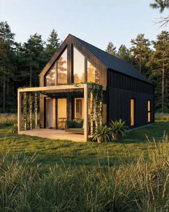 33 Small Scandinavian House Ideas That Prove Less Is More 14 Greenery-wrapped haven with black siding, a vine-covered pergola, and a hanging swing.