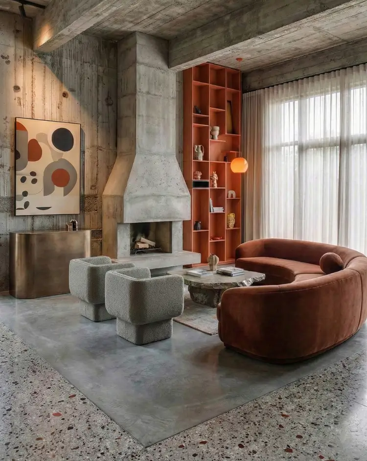 38 Modern Brutalist Interior Design Ideas for a Raw, Livable Sanctuary 14 Living room enlivening industrial palettes with a concrete fireplace and terracotta accents.
