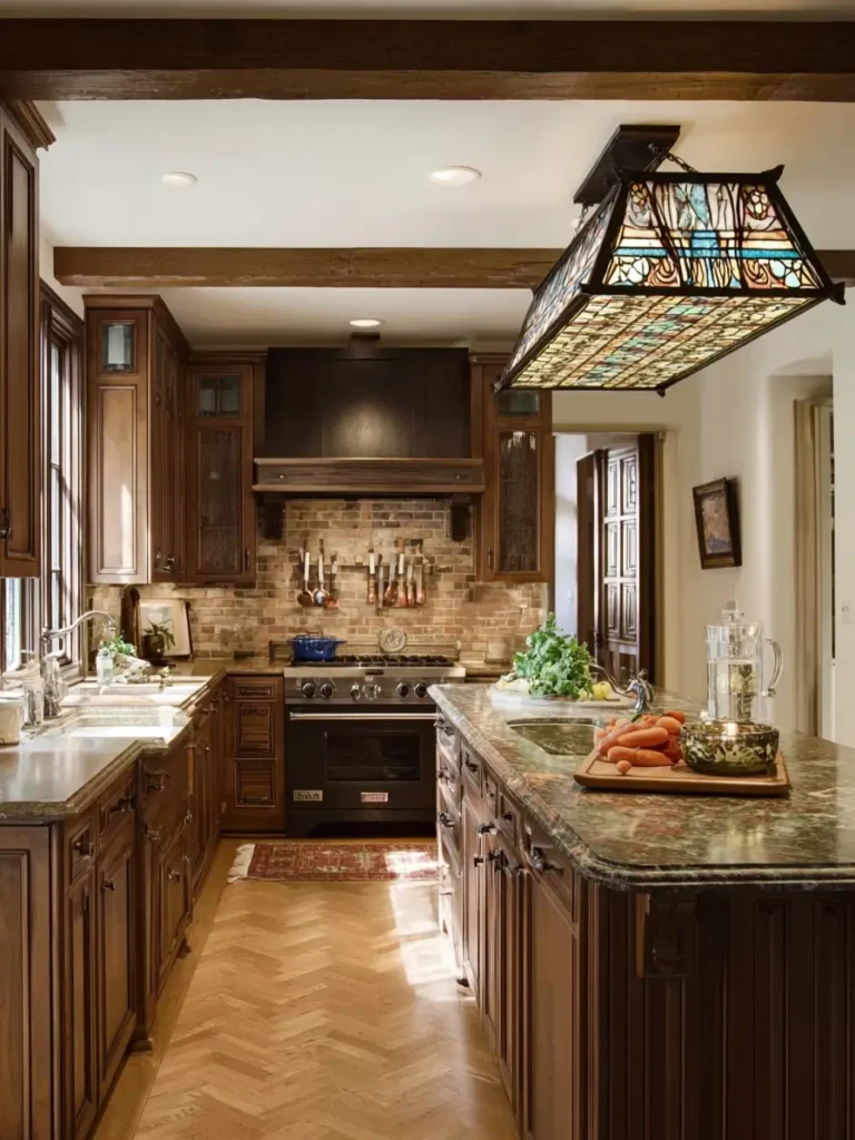34 Modern Tudor Kitchen Ideas: Old-World Charm, New Appeal 14 Kitchen featuring a colorful stained glass island light, exposed brick backsplash, and warm wood cabinetry.