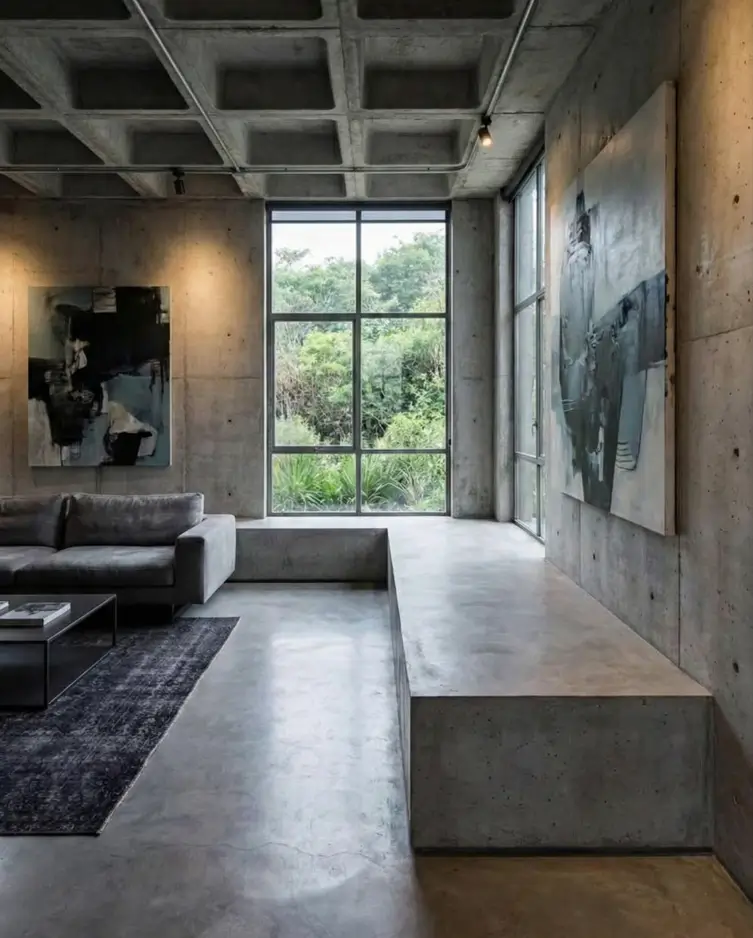 38 Modern Brutalist Interior Design Ideas for a Raw, Livable Sanctuary 15 Lounge demonstrating architectural honesty with a coffered concrete ceiling and sleek bench.