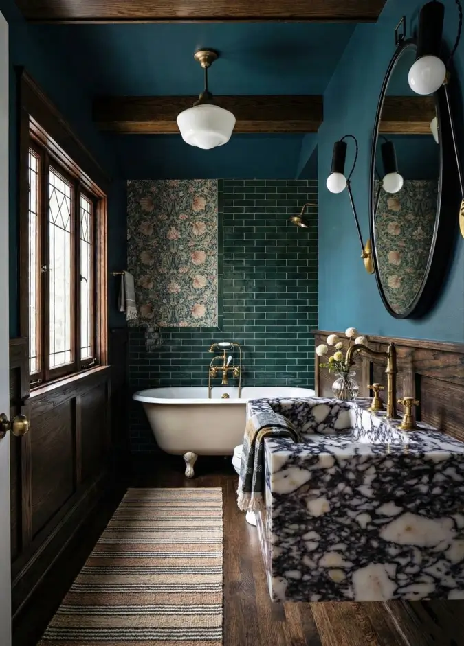 26 Craftsman Home Interior Ideas for Timeless Charm and Modern Living 15 Moody Craftsman Bathroom Modern Craftsman interior bathroom featuring teal walls and a dramatic marble sink.