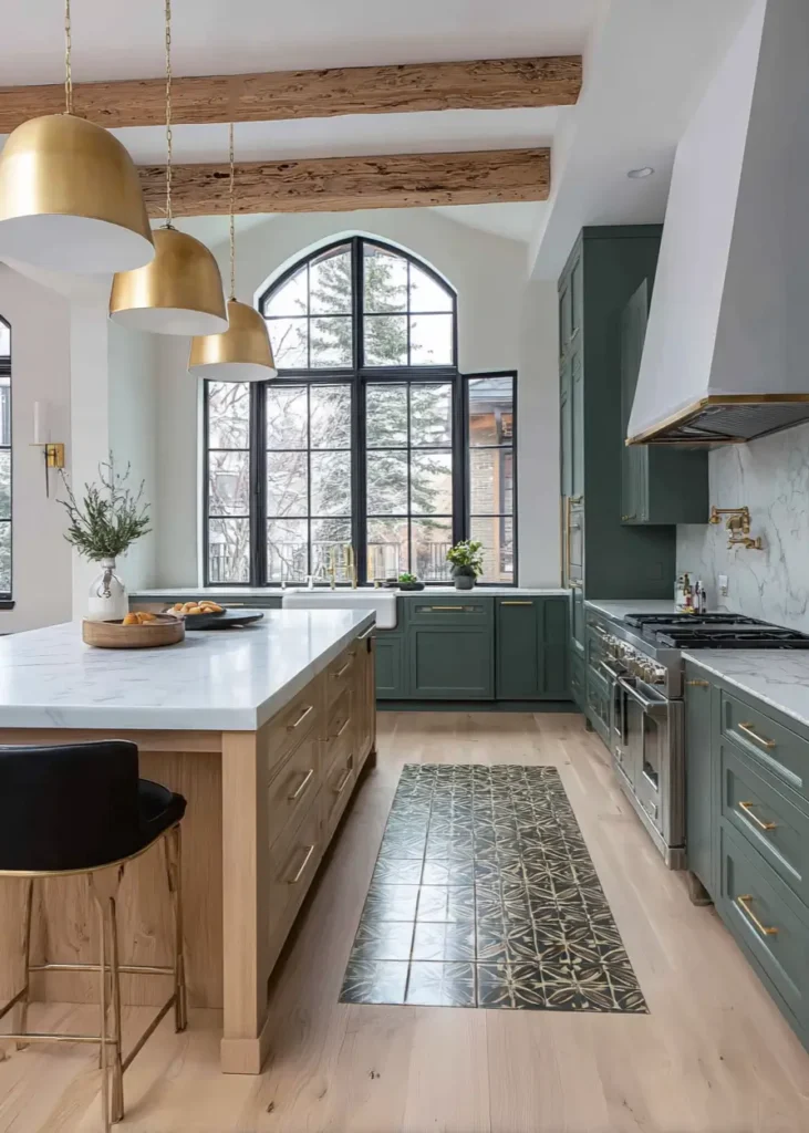 34 Modern Tudor Kitchen Ideas: Old-World Charm, New Appeal 15 Bright kitchen featuring sage green cabinets, a light wood island, brass dome pendants, and a patterned tile floor runner.
