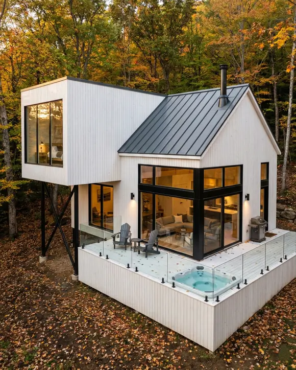 18 Scandinavian Cabin Design Ideas for Warm, Minimal Living 17 Cantilevered modern Scandinavian retreat supported by black steel struts with a glass-railed deck in an autumn forest.