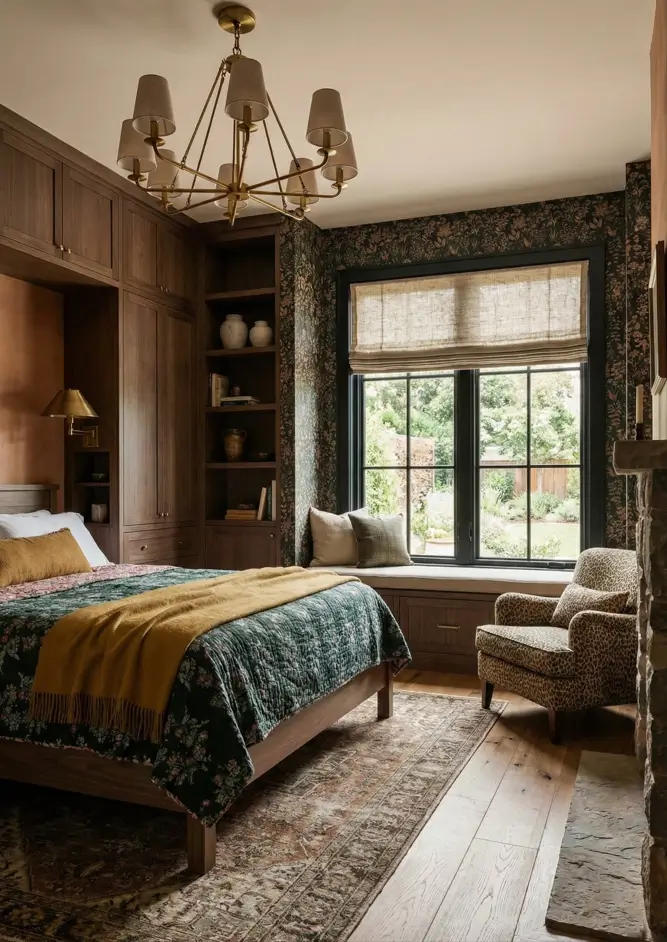 26 Craftsman Home Interior Ideas for Timeless Charm and Modern Living 16 Patterned Craftsman Bedroom Craftsman style interior bedroom with dark floral wallpaper and a rough stone fireplace.