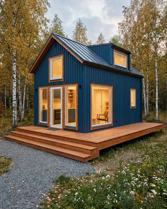 33 Small Scandinavian House Ideas That Prove Less Is More 16 Deep blue cottage with honey-colored timber trim and a wrap-around deck in an autumn forest.