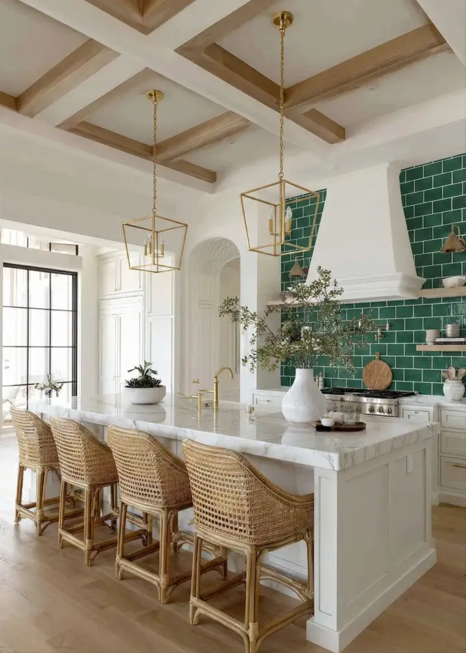 34 Modern Tudor Kitchen Ideas: Old-World Charm, New Appeal 16 Bright kitchen featuring floor-to-ceiling green subway tiles, wood coffered ceiling, and rattan island stools.