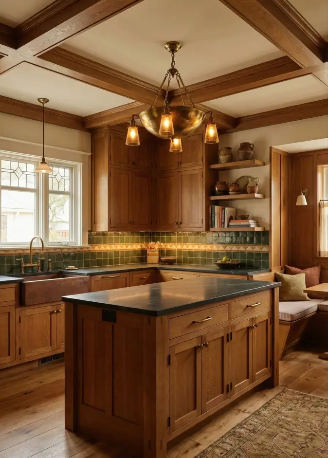 26 Craftsman Home Interior Ideas for Timeless Charm and Modern Living 17 Heritage Craftsman Kitchen Craftsman home interior kitchen featuring oak cabinets and a hammered brass chandelier.