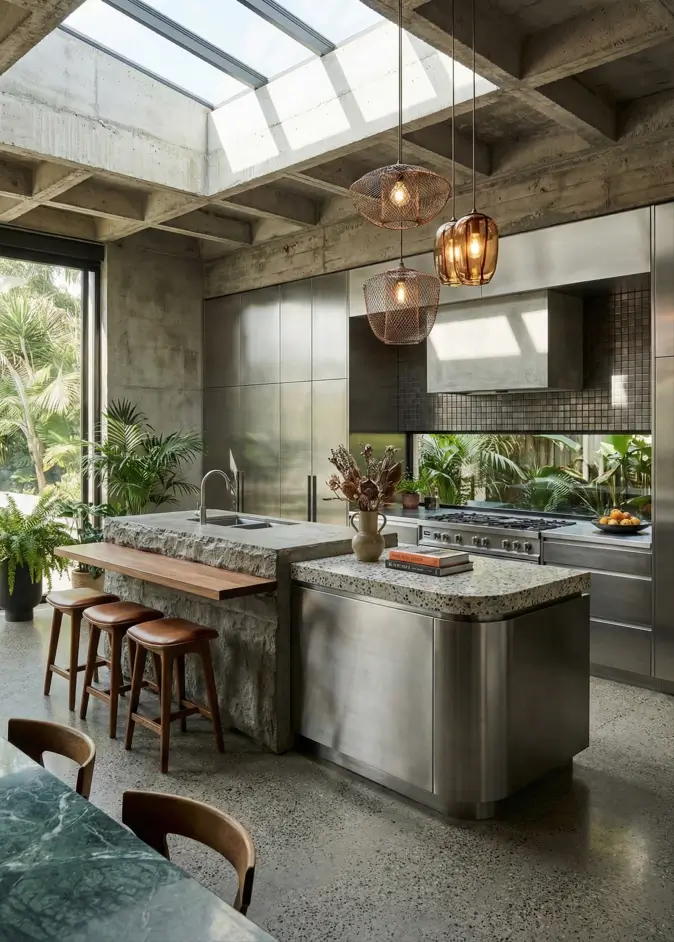 38 Modern Brutalist Interior Design Ideas for a Raw, Livable Sanctuary 17 Brutalist kitchen ideas featuring a raw waffle ceiling, stainless steel cabinets, and a stone island.