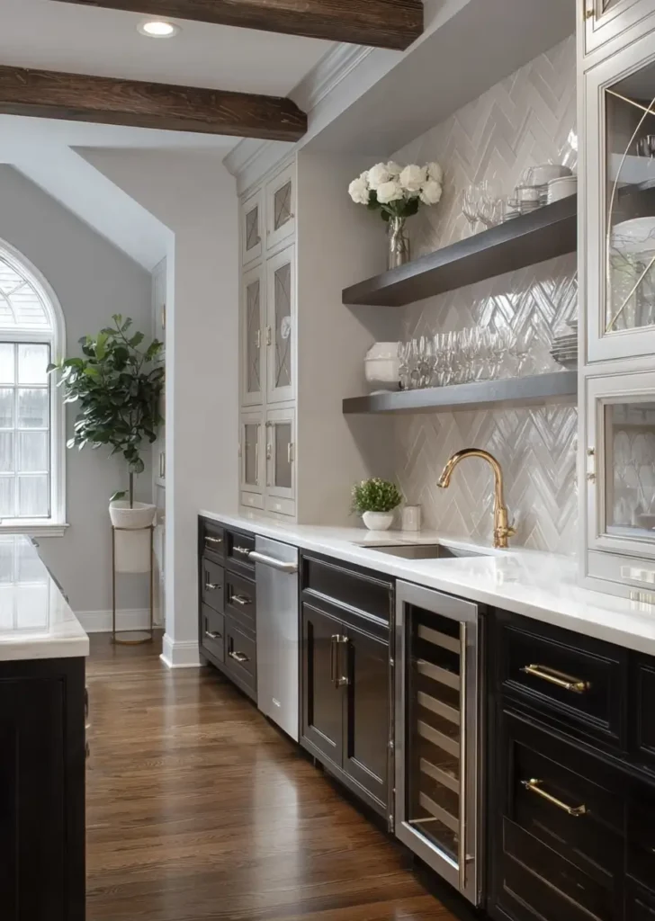 34 Modern Tudor Kitchen Ideas: Old-World Charm, New Appeal 17 Wet bar area featuring a herringbone backsplash, dark floating shelves, glass-front cabinets, and a wine fridge.