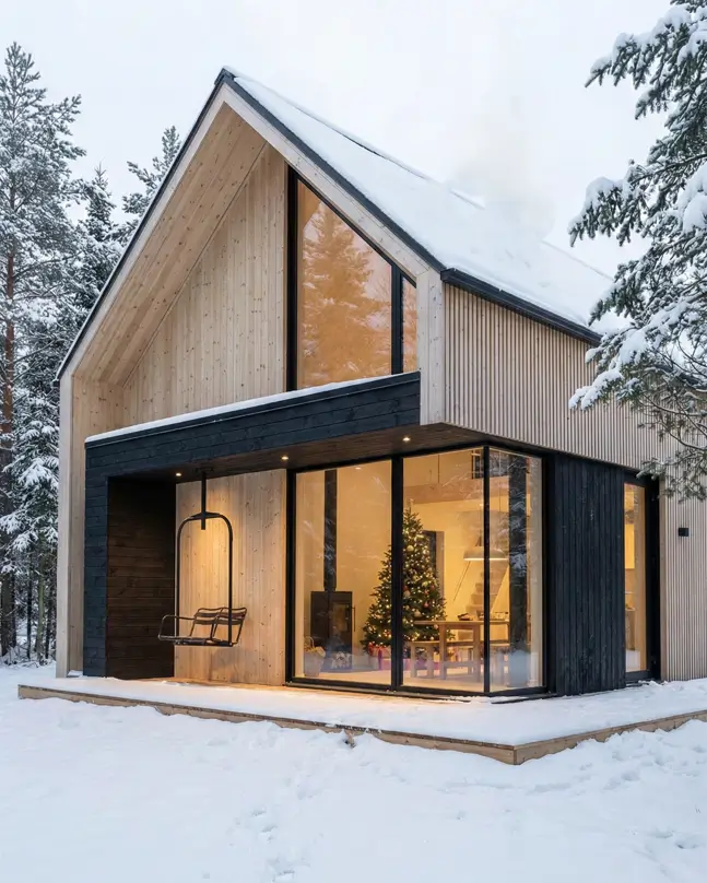 18 Scandinavian Cabin Design Ideas for Warm, Minimal Living 19 Contemporary Scandinavian style cabin pairing light vertical siding with a dark entrance module and a porch swing.
