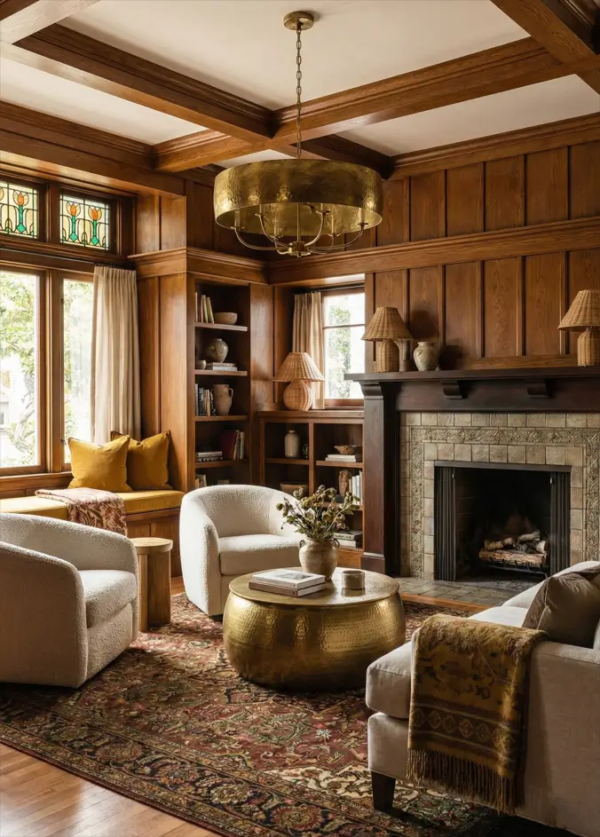26 Craftsman Home Interior Ideas for Timeless Charm and Modern Living 18 Luxe Craftsman Living Craftsman home interior living room with dark oak paneling and sophisticated brass accents.