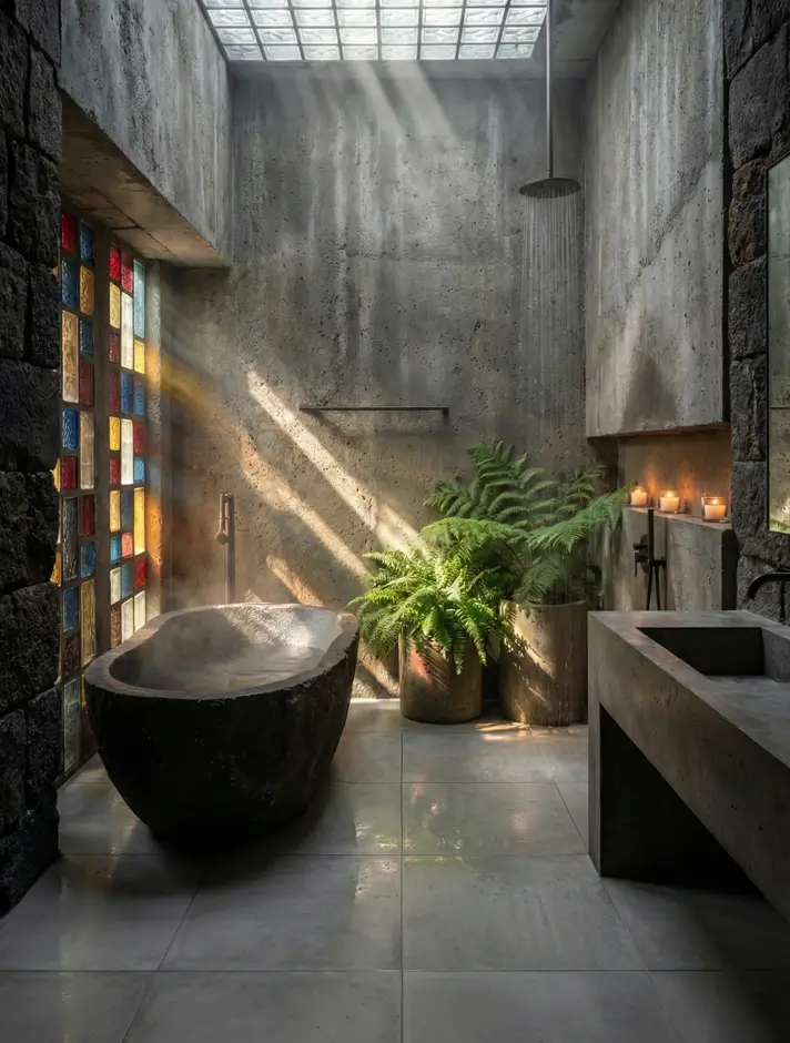 38 Modern Brutalist Interior Design Ideas for a Raw, Livable Sanctuary 18 Bathroom highlighting raw stone features with a boulder-style tub and stained glass lighting.