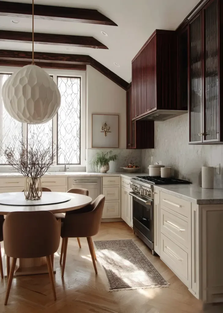 34 Modern Tudor Kitchen Ideas: Old-World Charm, New Appeal 18 Kitchen featuring dark fluted upper cabinets, marble backsplash, and a large white geometric pendant light.