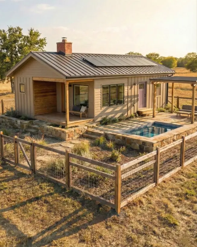 26 Small Ranch-Style House Ideas for Timeless Modern Living 18 Solar panels on the metal roof of a beige small Ranch-style house with a stone plunge pool and wire fencing.