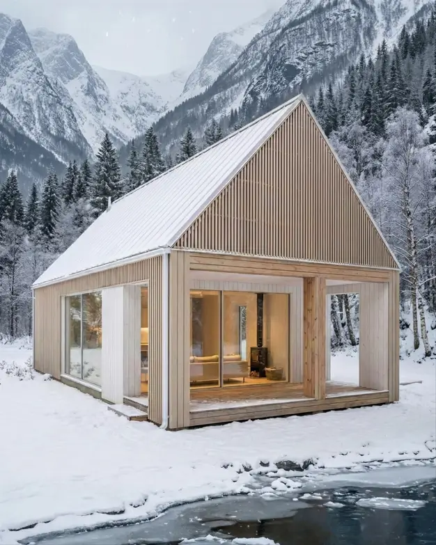 33 Small Scandinavian House Ideas That Prove Less Is More 19 Alpine timber minimalist house with blonde wood siding and a white metal roof in snowy mountains.