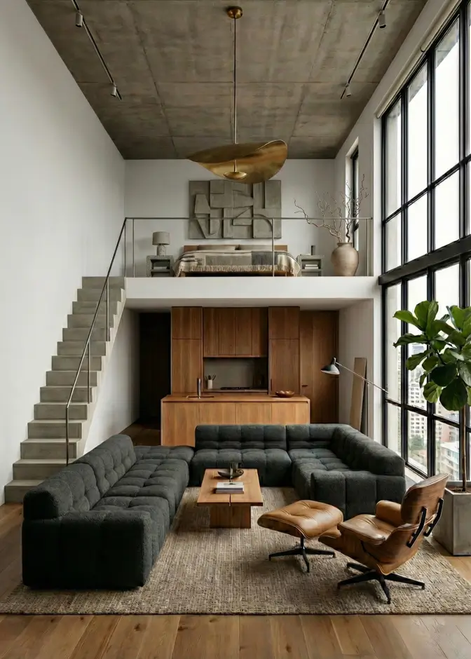 38 Modern Brutalist Interior Design Ideas for a Raw, Livable Sanctuary 19 Structural interiors in a loft featuring a raw concrete ceiling and warm wood kitchen volume.