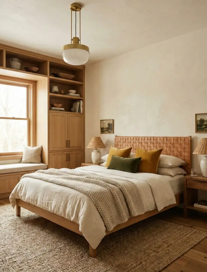 26 Craftsman Home Interior Ideas for Timeless Charm and Modern Living 19 Light Craftsman Bedroom Modern Craftsman interior bedroom featuring light oak built-ins and a woven leather headboard.