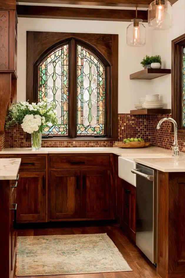 34 Modern Tudor Kitchen Ideas: Old-World Charm, New Appeal 19 Kitchen sink area featuring a Gothic arched stained glass window, dark wood trim, and a mosaic tile backsplash.