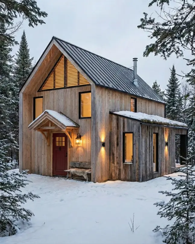 18 Scandinavian Cabin Design Ideas for Warm, Minimal Living 20 Rustic Scandinavian cabin design with vertical wood siding, a green roof annex, and a red door in the snow.