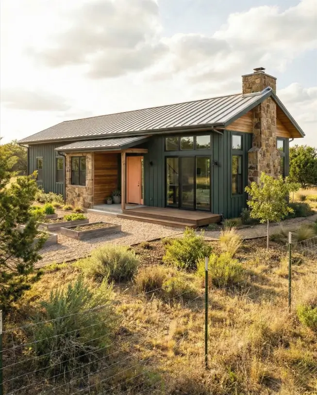 26 Small Ranch-Style House Ideas for Timeless Modern Living 19 Deep green vertical siding and stone chimney on a small Ranch house design with raised garden beds.