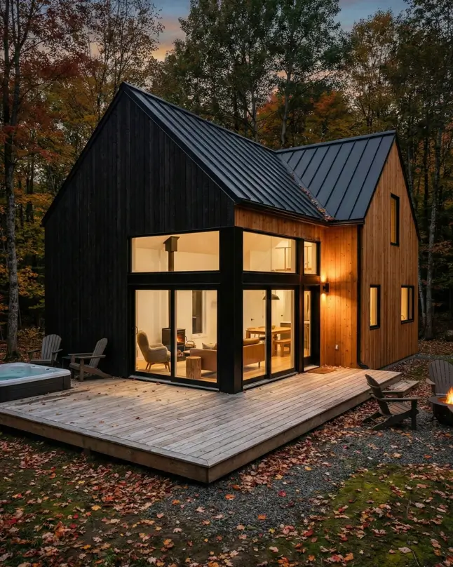 18 Scandinavian Cabin Design Ideas for Warm, Minimal Living 21 Modern Scandinavian cabin featuring contrasting matte black and natural wood siding with expansive corner glazing.