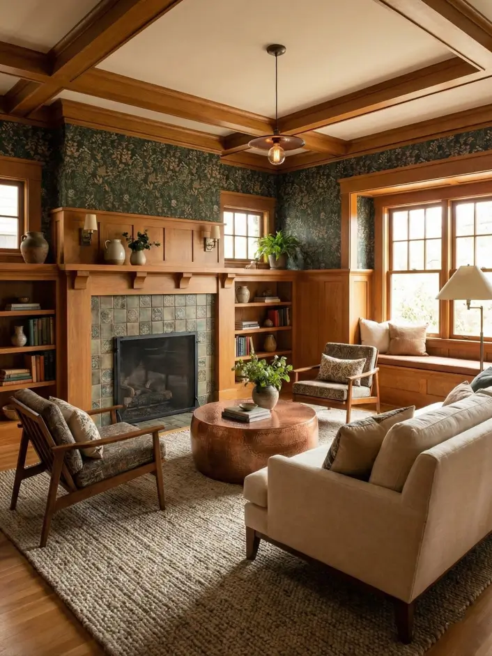 26 Craftsman Home Interior Ideas for Timeless Charm and Modern Living 20 Classic Craftsman Harmony Craftsman style interior living room with green floral wallpaper and oak wainscoting.