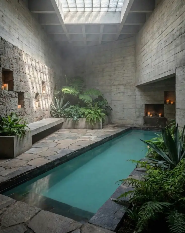 38 Modern Brutalist Interior Design Ideas for a Raw, Livable Sanctuary 20 Concrete architecture indoor pool with a waffle skylight and rough stone walls.