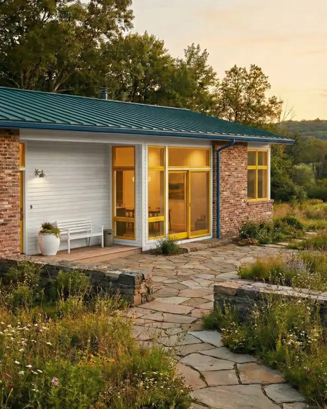 26 Small Ranch-Style House Ideas for Timeless Modern Living 20 Forest green metal roof and yellow window frames on a small Ranch-style house with a stone patio.