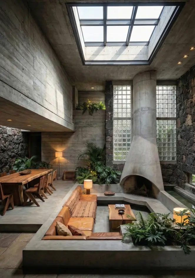 38 Modern Brutalist Interior Design Ideas for a Raw, Livable Sanctuary 21 Brutalist interior design sunken lounge with a sculptural concrete fireplace and leather conversation pit.