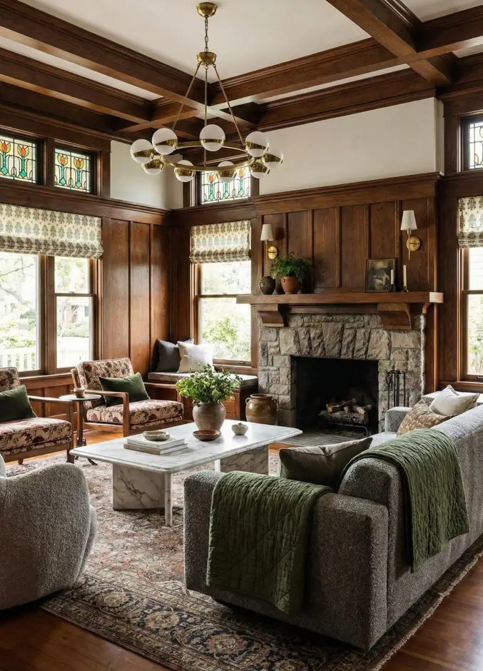 26 Craftsman Home Interior Ideas for Timeless Charm and Modern Living 21 Elegant Craftsman Living Modern Craftsman interior living room featuring stained glass windows and a brass globe chandelier.
