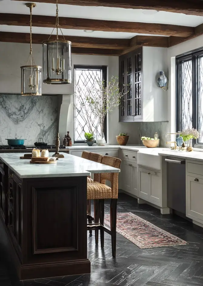 34 Modern Tudor Kitchen Ideas: Old-World Charm, New Appeal 21 Kitchen featuring dark herringbone floors, white cabinetry, rustic wood ceiling beams, and a dark wood island.