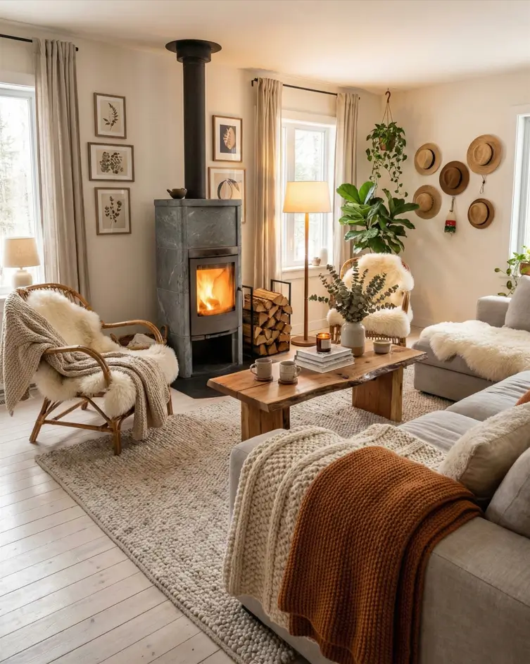 18 Scandinavian Cabin Design Ideas for Warm, Minimal Living 23 Cozy Scandinavian cabin interior featuring a soapstone fireplace, sheepskin throws, and warm lighting in a minimalist living room.