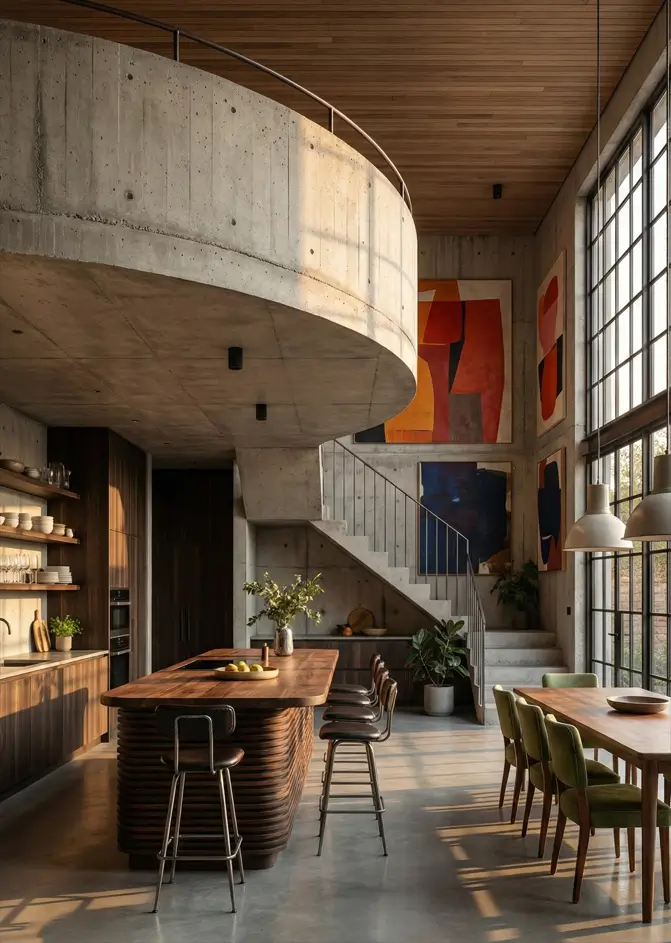 38 Modern Brutalist Interior Design Ideas for a Raw, Livable Sanctuary 4 Modern Brutalist interior design kitchen showcasing a curved concrete mezzanine above a ribbed walnut island.