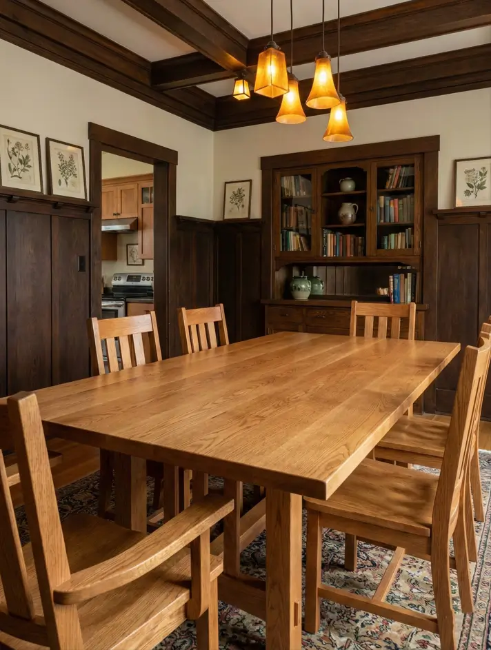 26 Craftsman Home Interior Ideas for Timeless Charm and Modern Living 4 Defined Craftsman Dining Modern Craftsman interior dining room with dark wood boxed beams and amber pendant lighting.