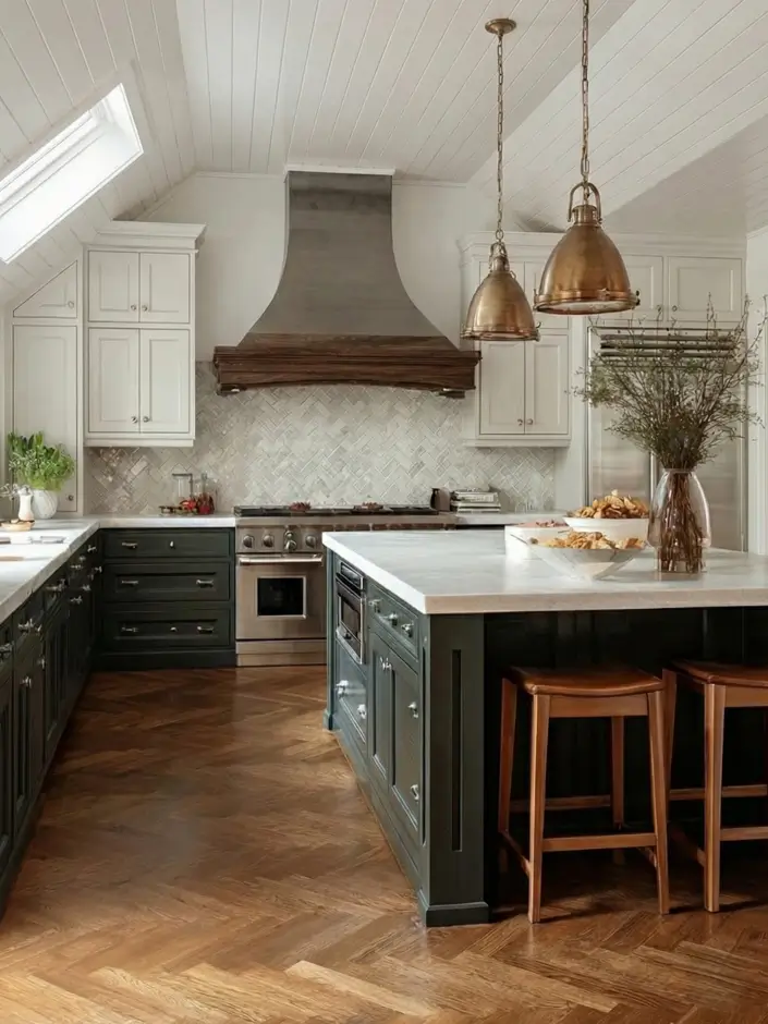 34 Modern Tudor Kitchen Ideas: Old-World Charm, New Appeal 4 Bright kitchen with vaulted shiplap ceilings, skylights, oversized brass pendant lights, and a dark green island.