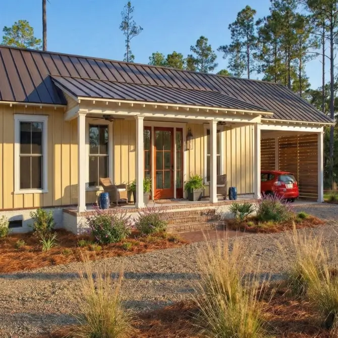 26 Small Ranch-Style House Ideas for Timeless Modern Living 4 Exterior of a small Ranch house design with yellow vertical siding, a dark metal roof, and an integrated carport.