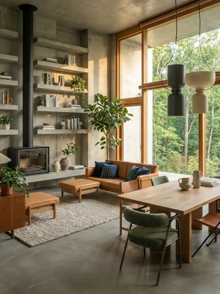 38 Modern Brutalist Interior Design Ideas for a Raw, Livable Sanctuary 22 Modern industrial design living room with integrated concrete shelving and warm wood-framed windows.