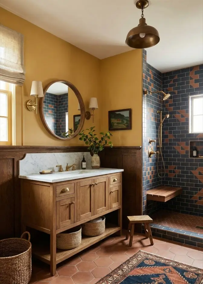 26 Craftsman Home Interior Ideas for Timeless Charm and Modern Living 22 Geometric Craftsman Bath Modern Craftsman interior bathroom with geometric blue tiles and a warm oak vanity.