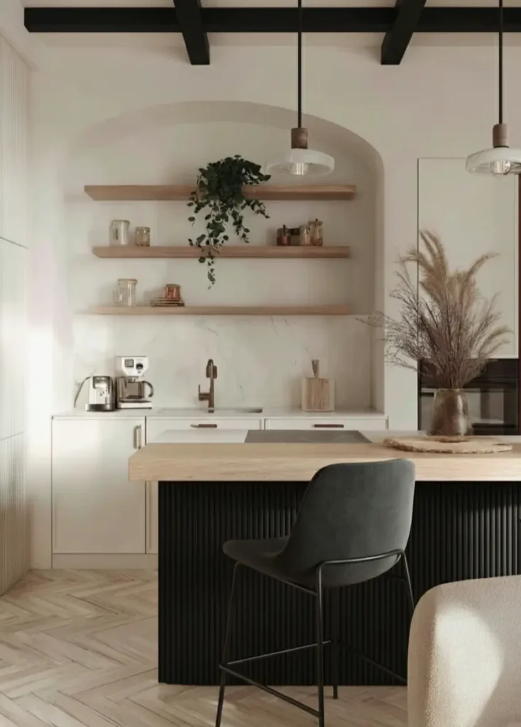 34 Modern Tudor Kitchen Ideas: Old-World Charm, New Appeal 22 Minimalist kitchen featuring a black fluted island, light herringbone floors, and an arched open shelving niche.