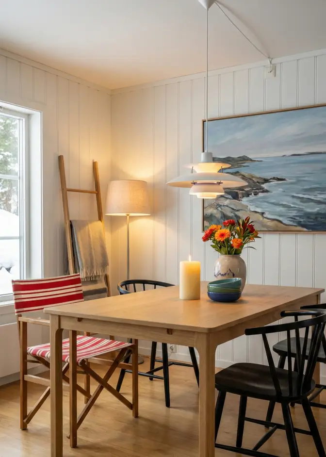 18 Scandinavian Cabin Design Ideas for Warm, Minimal Living 22 Minimalist Scandinavian dining room featuring a glare-free pendant light, warm 2700K lighting, and simple wooden furniture.