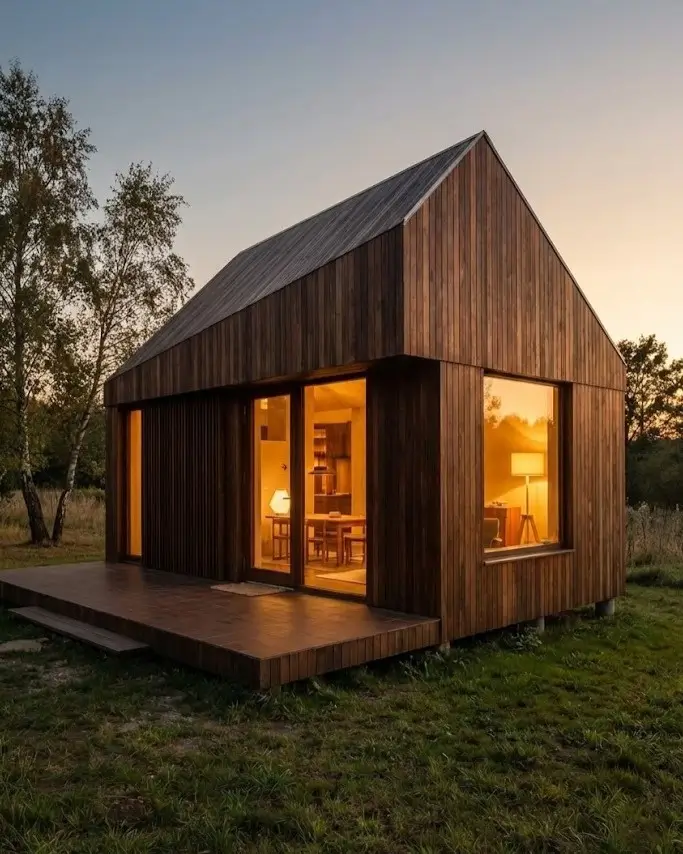 33 Small Scandinavian House Ideas That Prove Less Is More 22 Sculptural timber monolith featuring continuous dark wood cladding and an asymmetrical roofline.