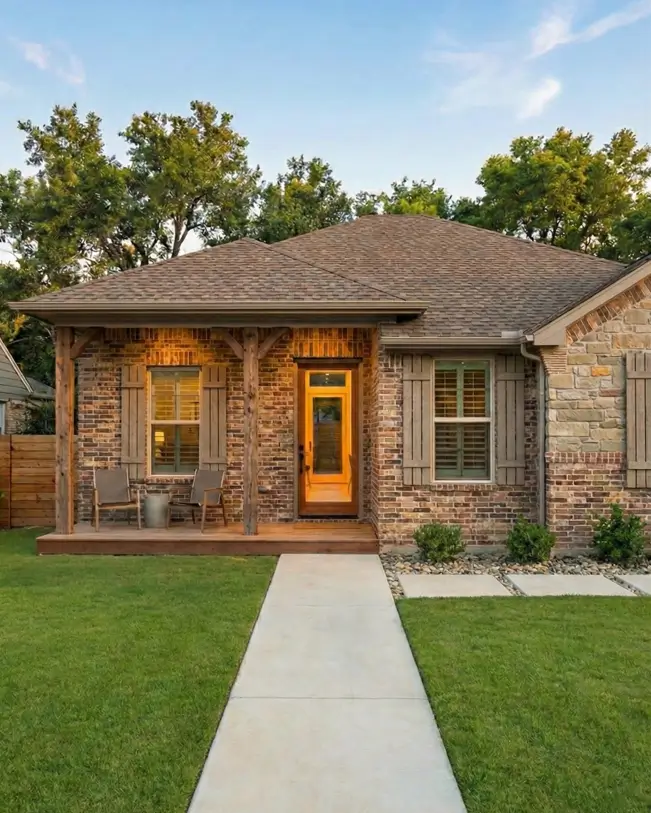 26 Small Ranch-Style House Ideas for Timeless Modern Living 22 Textured masonry facade with brick and stone on a small Ranch house design featuring rustic timber columns.
