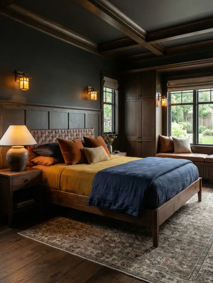 26 Craftsman Home Interior Ideas for Timeless Charm and Modern Living 23 Moody Craftsman Bedroom Craftsman style interior bedroom featuring charcoal walls and dark walnut paneling.