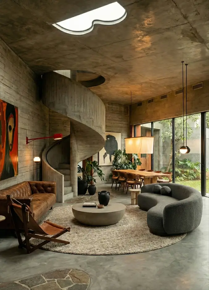 38 Modern Brutalist Interior Design Ideas for a Raw, Livable Sanctuary 23 Living area showcasing Brutalist interior design characteristics via a concrete spiral staircase and skylight.
