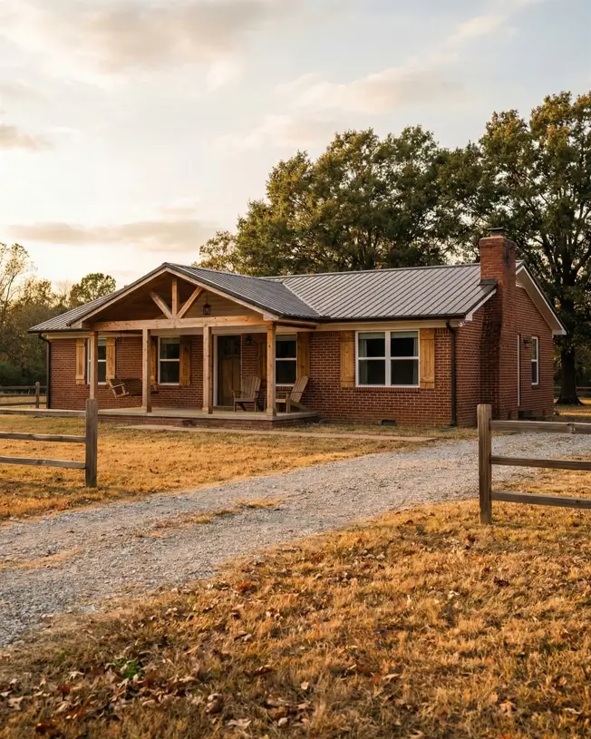 26 Small Ranch-Style House Ideas for Timeless Modern Living 23 Red brick exterior and timber-framed porch on a rustic small Ranch-style house with a dark metal roof.
