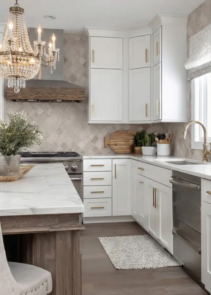 34 Modern Tudor Kitchen Ideas: Old-World Charm, New Appeal 23 Kitchen featuring a large crystal chandelier, diamond-patterned stone backsplash, and white cabinetry.