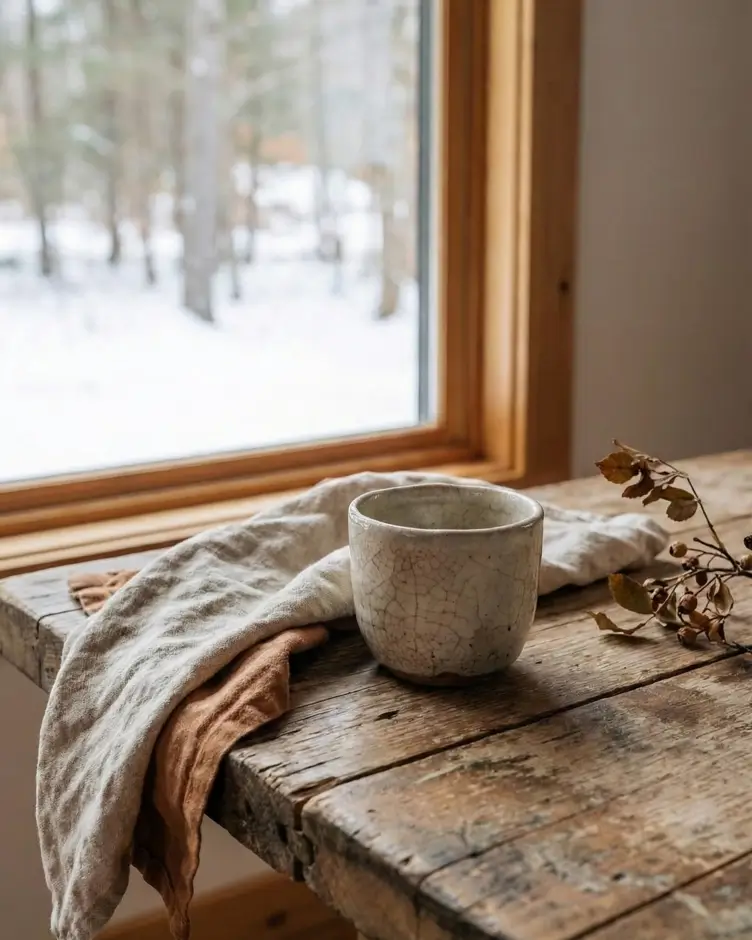 18 Scandinavian Cabin Design Ideas for Warm, Minimal Living 3 Close-up detail of a rustic wooden table with a ceramic cup, highlighting the wabi-sabi aesthetic and raw textures of 2025 Scandinavian design.