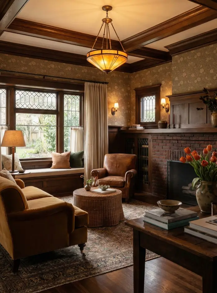 26 Craftsman Home Interior Ideas for Timeless Charm and Modern Living 24 Authentic Craftsman Lighting Craftsman home interior living room with amber pendant lighting and leaded glass windows.