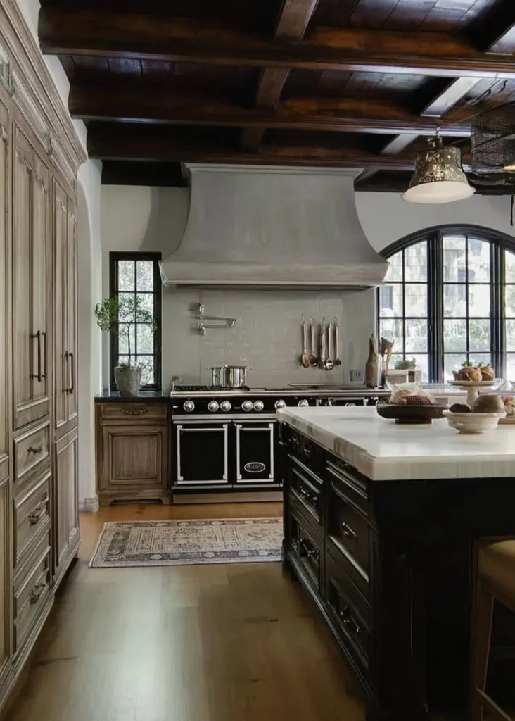 34 Modern Tudor Kitchen Ideas: Old-World Charm, New Appeal 24 Kitchen featuring a dark wood ceiling, grey plaster range hood, black double oven, and a large arched window.